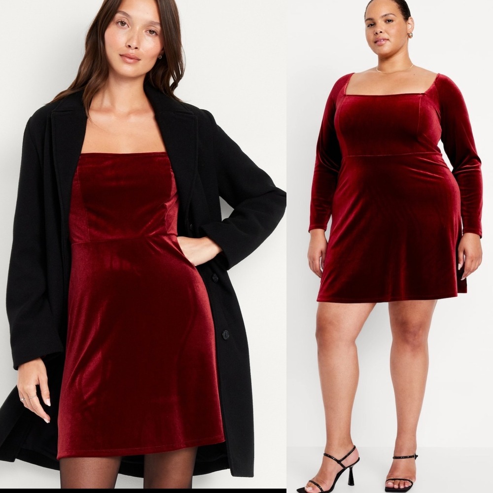 Old Navy Red Velvet Square Neck Long Sleeve Dress Womens Size XXL NEW Velour NWT - Picture 2 of 16